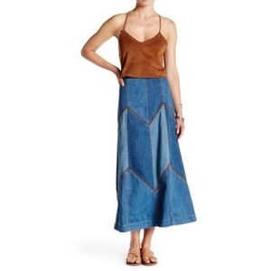 Free People High Waist Long Denim Skirt Chevron Leather 4